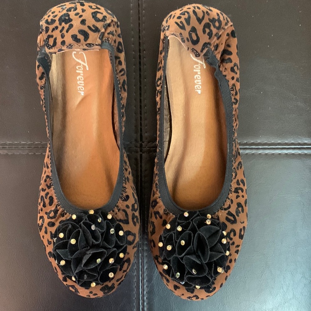 Brown Faux Suede Leopard Print Ballet Shoes